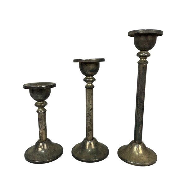 Godinger Silver Art Co. Set Of 3 Silver Plated Candleholders Rustic Patina Decor - Picture 2 of 9
